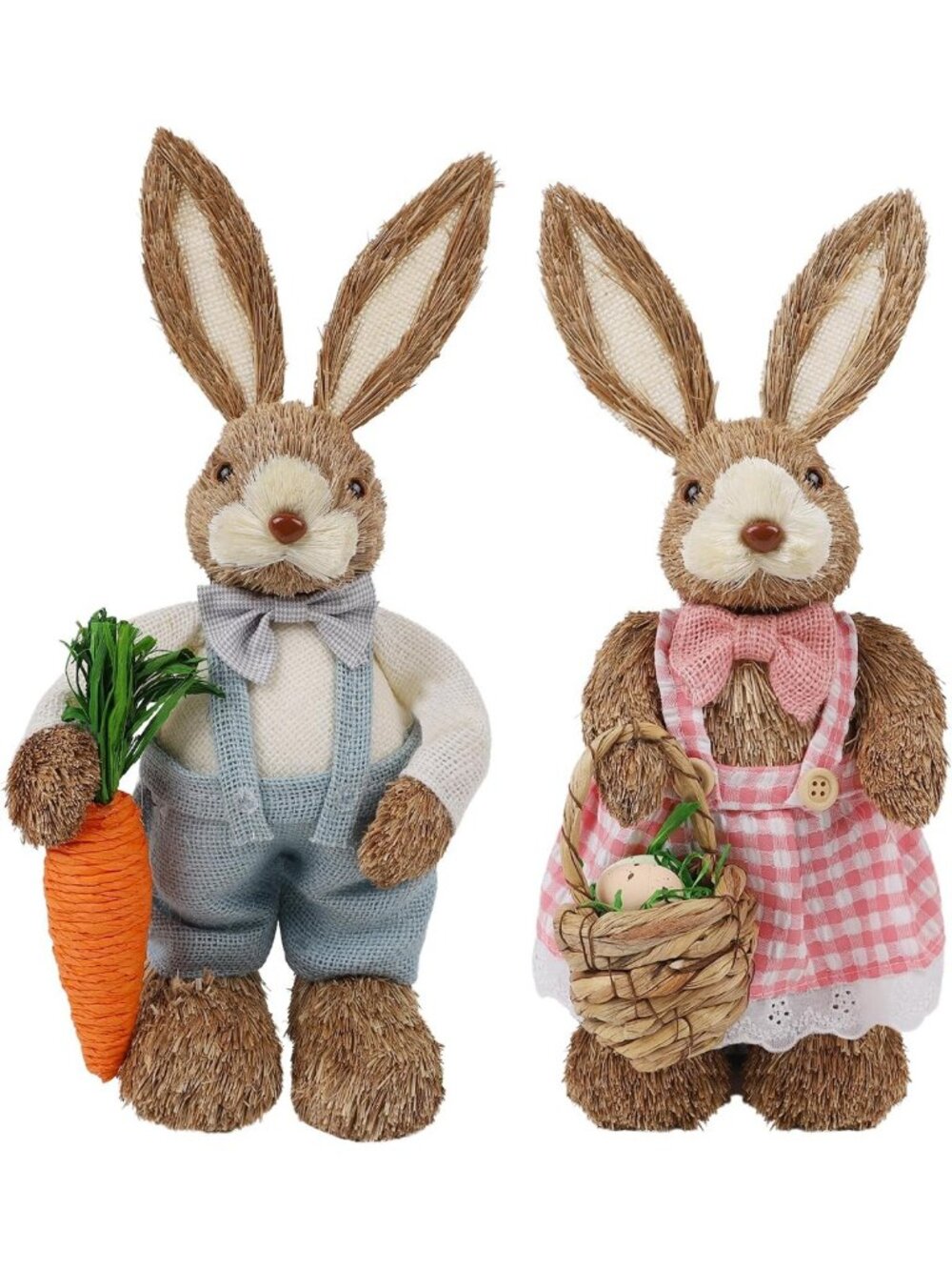 Set of 2 Easter Bunny Figurines - 14" Sisal Decor with Carrot & Egg, Spring